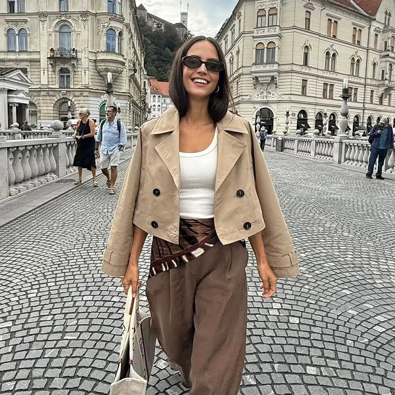 Vintage Double-Breasted Short Trench Coat