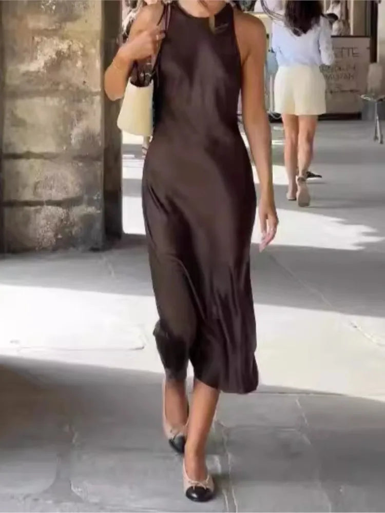 Elegant Sleeveless Satin Midi Dress