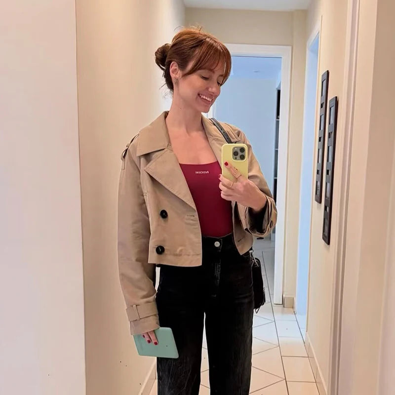 Vintage Double-Breasted Short Trench Coat