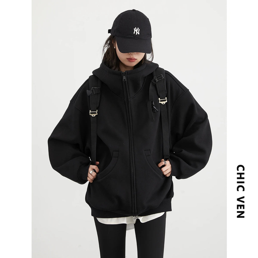 Oversized Double-Zipper Plush Hoodie