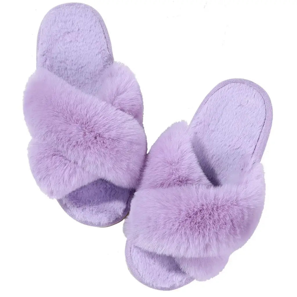 Cross Band Memory Foam Fuzzy Slippers