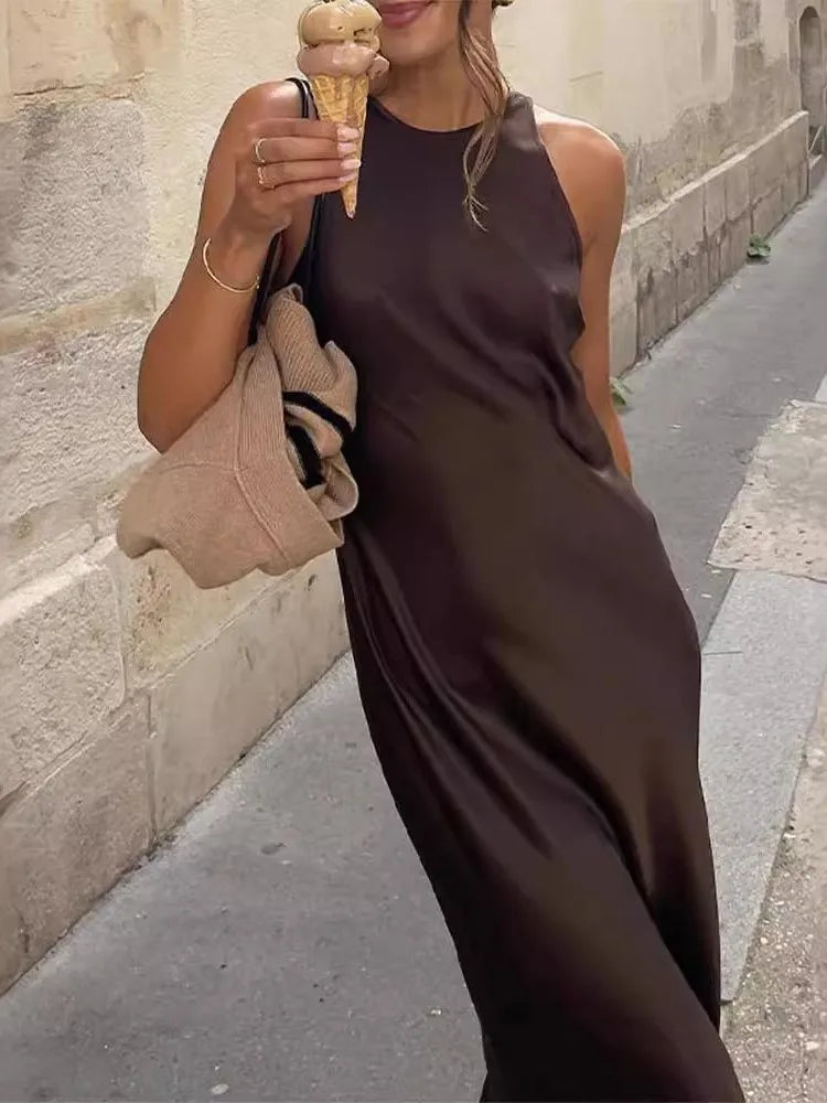 Elegant Sleeveless Satin Midi Dress