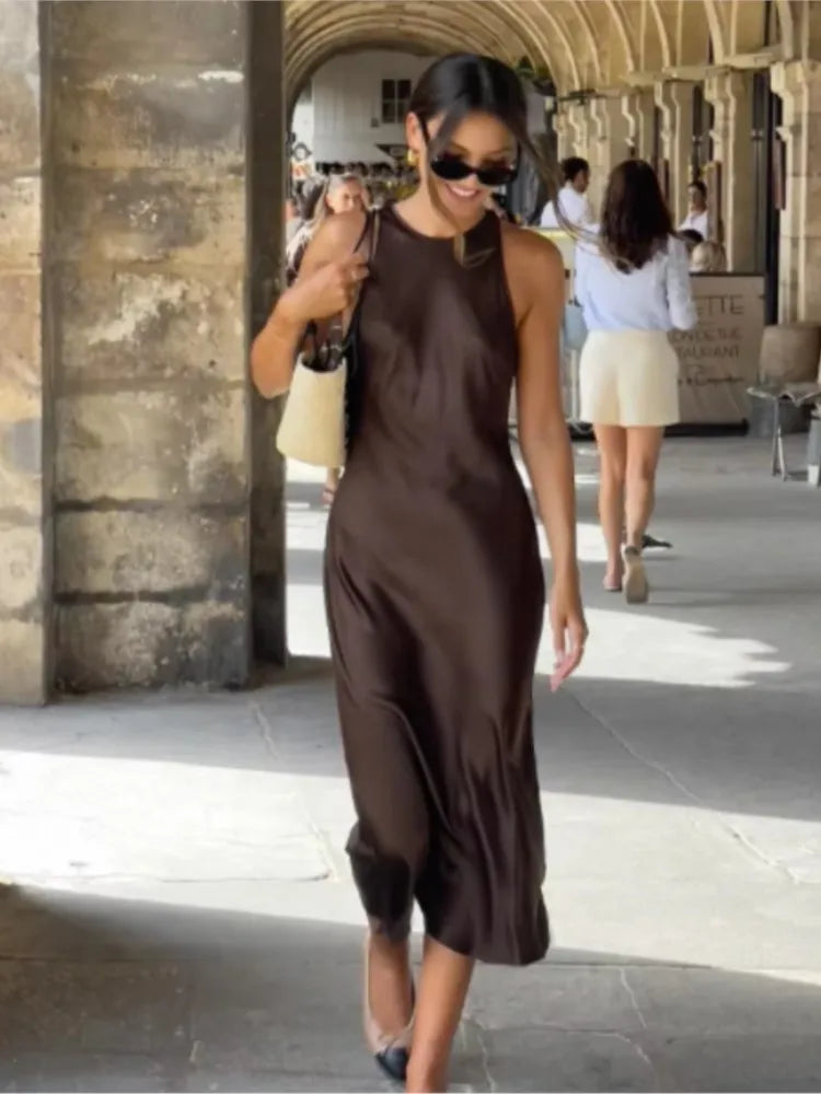 Elegant Sleeveless Satin Midi Dress