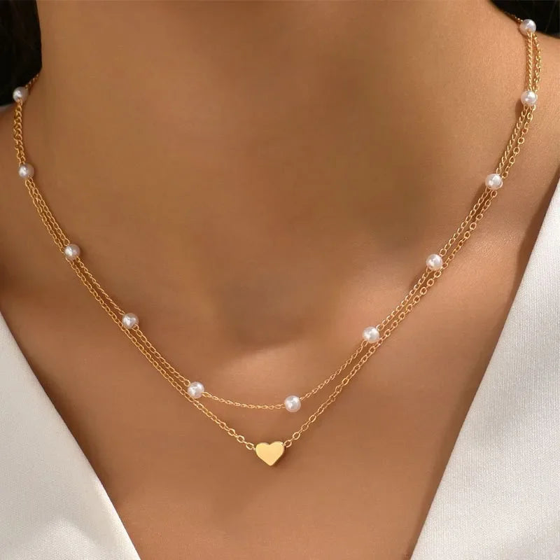 Multilayer Pearl and Heart Pendant Necklace