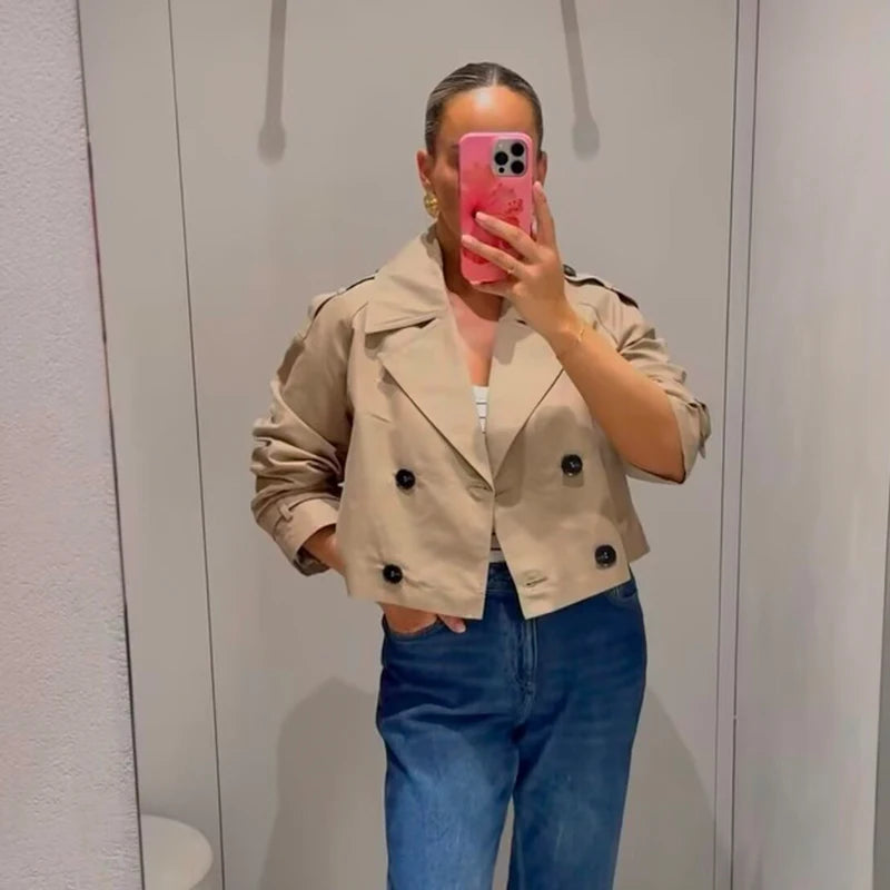 Vintage Double-Breasted Short Trench Coat